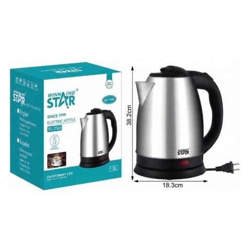 [ED1011] HERVIDOR ELÉCTRICO WINNING STAR 1000W 1.8L ST-2063 RSH-967-WST-110V-17476 PLATEADO / NEGRO