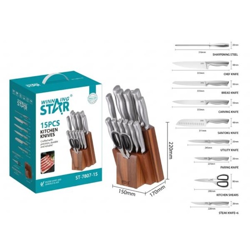 [ED4019] SET DE CUCHILLOS WINNING STAR ST-7807-15 15 PIEZAS DJ-1627-WST-38783 PLATEADO