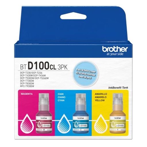 [IM1059] KIT DE TINTA 3 RECARGAS BROTHER BTD100CL3PKMEX INKBENEFIT CIAN / MAGENTA / AMARILLO