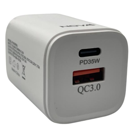 [AC6015] CARGADOR DE PARED NOVA PA035RBU001C 35W 1 PUERTO USB-C Y 1 PUERTO USB-A CARGA RAPIDA BLANCO