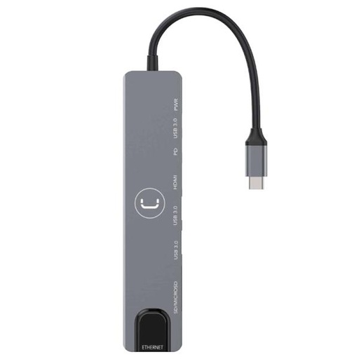 [AC10012] HUB UNNO TEKNO HB1109SV USB-C 8 PUERTOS 1 HDMI 1 RJ45 2 USB-C 2 USB-A 2 RANURAS MICRO SD 5 GBPS PLATEADO