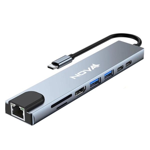 [AC10020] HUB INTELIGENTE NOVA FAA383CC002C 8 EN 1 USB-C  PUERTOS 1 MICRO SD / 1 TF CARD / 1 RJ45 / 1 USB-C / 2 USB-A 3.0 / 1 PD CARGA RAPIDA / 1 HDMI 4K PLATEADO