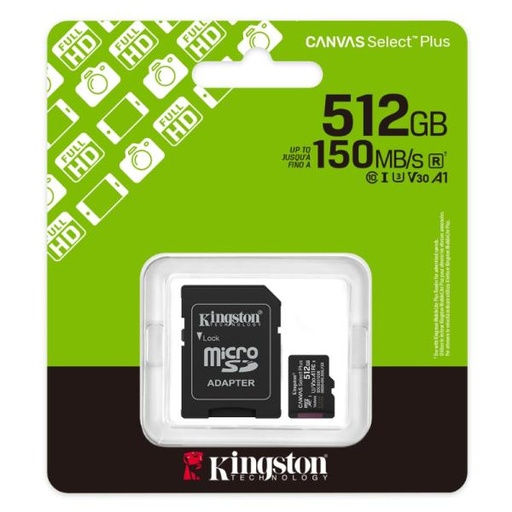 [AM6041] MEMORIA MICRO SD 512GB KINGSTON CLASE 10 UHS-I U3 150 MB/S PARA DISPOSITIVOS Y CAMARAS ANDROID SDCS3/512GB NEGRO