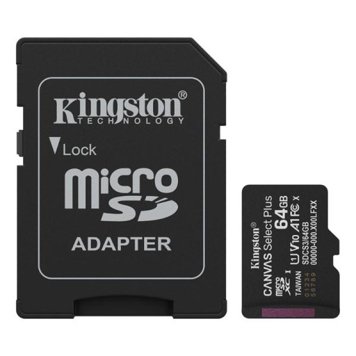 [AM6042] MEMORIA MICRO SD 64GB KINGSTON CANVAS SELECT PLUS GEN3 CLASE 10 UHS-I U1 V10 A1 100 MB/S DISPOSITIVOS ANDROID Y CAMARAS SDCS3/64GB