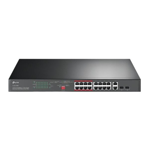 [RC5046] SWITCH TP LINK TL-SL1218MP(UN) 16 PUERTOS POE+ 10/100 MBPS / 2 PUERTOS RJ45 GIGABIT / 2 COMBO GIGABIT SFP NO ADMINISTRABLE NEGRO