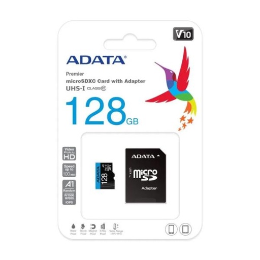 [1400002] MEMORIA MICRO SD 128GB ADATA AUSDX128GUICL10A1RA1 CLASE 10 UHS I V10 100MB/S 25MB/S PARA DISPOSITIVOS MOVILES