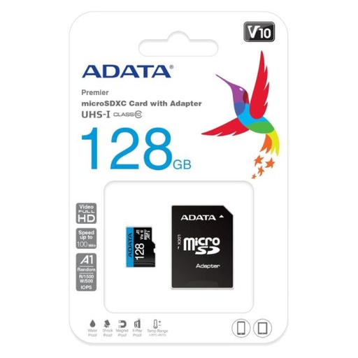 [16016] MEMORIA MICRO SDXC 128GB ADATA AUSDX128GUI3V30SA2-RA1 100MB/S LECTURA 85MB/S ESCRITURA PARA CAMARAS DASH CAMS SMARTPHONES TABLETS RESISTENTE ADAPTADOR SD