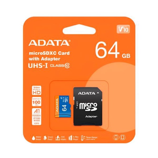 [16018] MEMORIA MICRO SD 64GB ADATA AUSDX64GUICL10A1-RA1 CLASE 10 100 MB/S PARA DISPOSITVOS MOVILES, CÁMARAS DIGITALES Y CONSOLAS