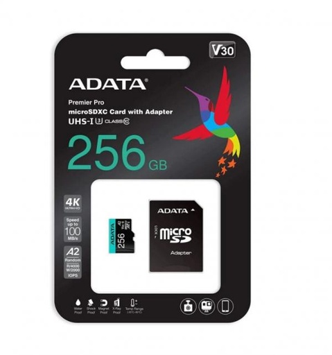 [16019] MEMORIA MICRO SDXC 256GB ADATA AUSDX256GUI3V30SA2-RA1 100 MB/S 80 MB/S PARA SMARTPHONES, TABLETS, CÁMARAS DIGITALES