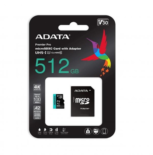 [16020] MEMORIA MICRO SDXC 512GB ADATA  AUSDX512GUI3V30SA2-RA1 CLASE 10 100 MB/S 85 MB/S PARA CÁMARAS Y DIAPOSITIVOS MOVILES