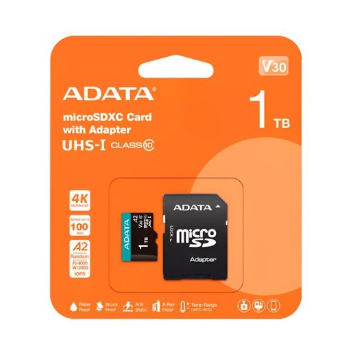 [3602042] MEMORIA MICRO SDXC 1TB ADATA AUSDX1TUI3V30SA2- RA1 CLASE 10 100 MB/S 85 MB/S COMPATIBLE CON NINTENDO DRONES GO PRO 4K