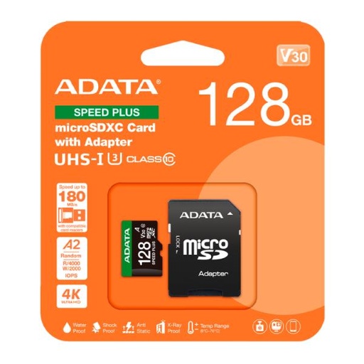 [AM6001] MEMORIA MICRO SDXC 128GB ADATA SPEED PLUS 180/160 MB/S COMPATIBLE CON DRONES NINTENDO 4K UD128GUI3V30A2SP-RA1