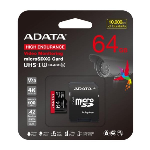 [AM6028] MEMORIA MICRO SDXC 64GB ADATA PARA AUSDX64GUI3V30SHA2-RA1 100 MB/S 80 MB/S PARA VIDEOVIGILANCIA